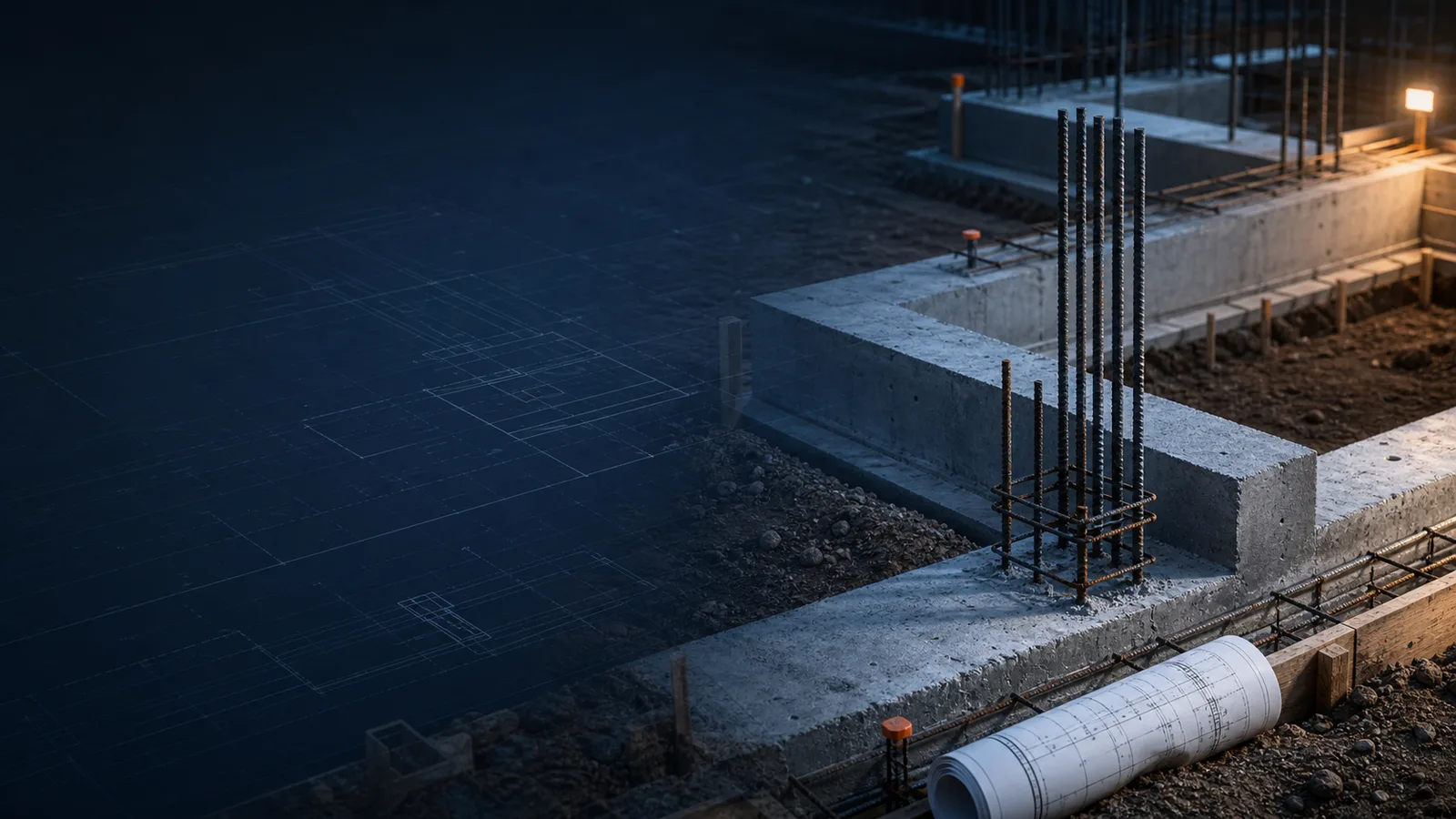 Residential concrete footings and formwork at dusk with rebar dowels and a rolled foundation plan on site